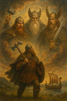 three men with long hair and beards are standing next to each other in front of a cloudy sky