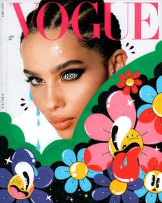 a magazine cover with an image of a woman's face and flowers on it