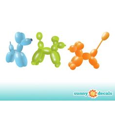 three balloons shaped like poodles in different colors and sizes, one is orange, the other is blue