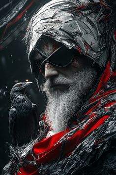 an old man with a beard wearing sunglasses and a red scarf next to a bird