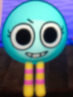 a cartoon character with big eyes standing in front of a tv