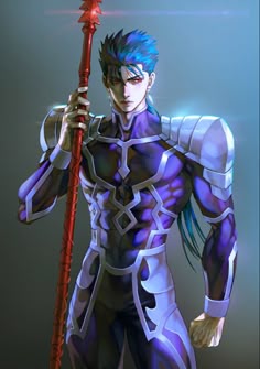 an anime character with blue hair holding a red stick and wearing armor, standing in front of a gray background