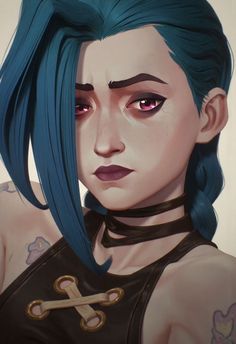 a painting of a woman with blue hair and piercings on her chest, looking at the camera