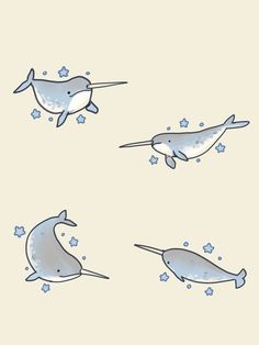 three narwhales floating in the water with stars on them and one dolphin swimming