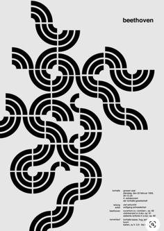 an abstract black and white poster with wavy lines in the shape of intertwined circles