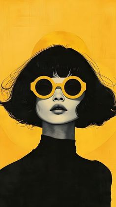 a painting of a woman with yellow glasses on her face and black hair in front of a yellow background