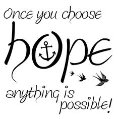 the words hope are written in black ink on a white background with birds flying around