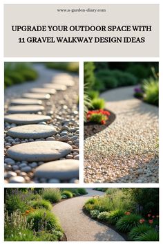 Gravel walkway designs with stepping stones and vibrant garden plants.