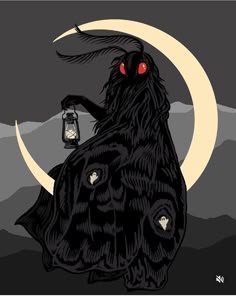 a drawing of a demon holding a lantern in front of a full moon and mountains