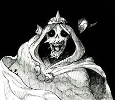 a black and white drawing of a skeleton in a cloak with an evil look on its face