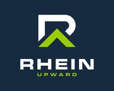 the rheinn upward logo is shown in white and green on a dark blue background
