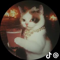 a cat wearing a pearl necklace holding a drink in front of a burning building with flames behind it