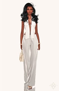 a woman in white is standing with her hand on her hip and holding a purse