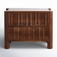 a wooden cabinet with two drawers on one side and an open drawer on the other