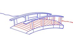 a drawing of a bridge with red and blue lines