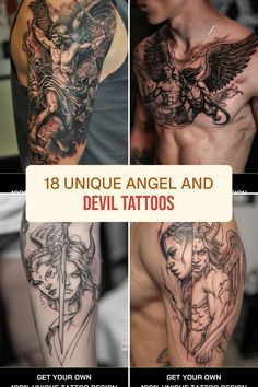 the different tattoos on this man's arm and shoulder are shown in three different pictures