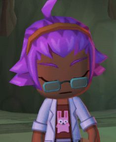 an animated character with purple hair and glasses