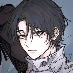 an anime character with black hair wearing a white shirt and coat, looking at the camera