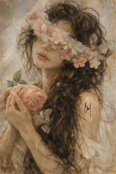 a painting of a woman with long hair holding a rose in her hands and wearing a veil