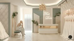 a woman sitting on a stool in front of a dress shop display with mannequins