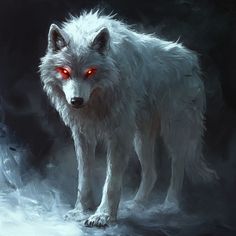 a white wolf with red eyes standing in the snow