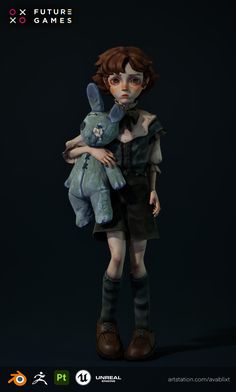 an animated character holding a stuffed animal in the dark with text overlay that reads xox future games