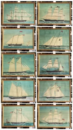 six framed paintings of sailboats in the ocean