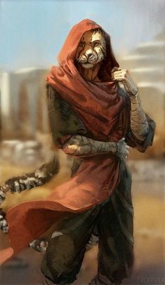 a painting of a person with a cat on his shoulder and wearing a red cloak