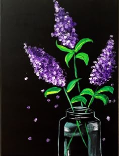 a painting of purple flowers in a mason jar