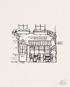 a black and white drawing of a restaurant with chairs in front of the building that has an awning