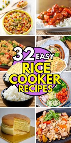the cover of 32 easy rice cooker recipes is shown with pictures of different types of food