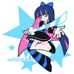 an anime character with pink hair and blue eyes, holding a knife in her hand