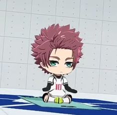 an anime character with pink hair sitting on the ground in front of a tiled wall