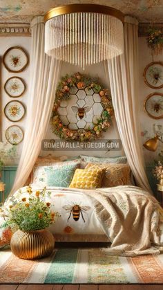 a bed room with a canopy and flowers on the wall
