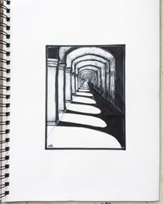 a drawing of a long hallway with light at the end