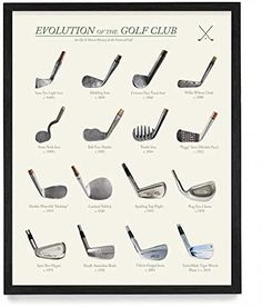the evolution of golf clubs poster is displayed in a black frame on a white wall