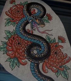 Japanese Traditional Snake Tattoo, Japanese Cobra, Japanese Snake, Snake With Chrysanthemum Tattoo, Snake Chrysanthemum Tattoo, Irezumi Snake, Traditional Red Dragon Print, Traditional Japanese Snake Design, Japanese Trad Snake
