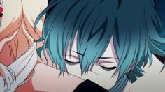 an anime character with blue hair and piercings on his ears is looking at the camera