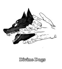 two hands holding a black and white dog's head with the words divine dogs on it
