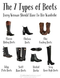 The 7 types of must-have boots for women. These 7 styles of boots should be in every woman's wardrobe. Types Of Boot Styles, Types Of Fashion Boots, Womend Fall Boots Types, Boot Styles Guide Women, Different Types Of Boots For Ladies, Boot Guide Women, Boot Types Guide, Boot Types Guide Women, How To Choose Horse Boots