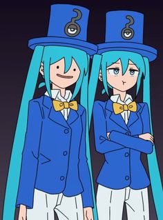two anime characters with blue hair and bow ties standing next to each other in front of a black background
