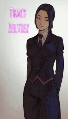 a woman in a suit and tie standing with her hands on her hips