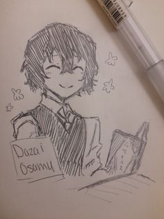 a pencil drawing of a boy reading a book and holding a sign that says dazai osumi