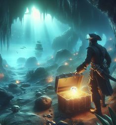 an image of a pirate with a chest in the dark