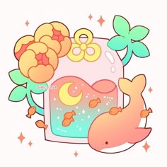 an animal with flowers on it's head and a fish in the water next to it