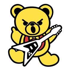 a yellow teddy bear holding a guitar in its paws with an electric guitar on it's chest