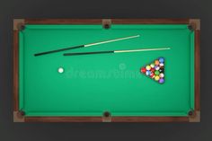 billiards table with cues and balls on green cloth royalty illustration stock images, illustrations