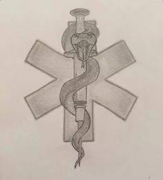 a drawing of a medical cross with a snake wrapped around it's center piece