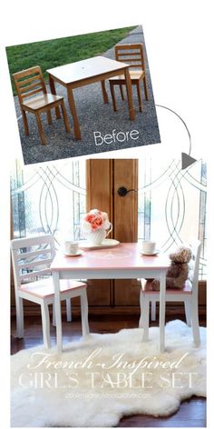 the before and after photos of a dining room table with two chairs, one chair has been