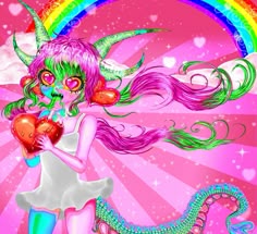 a girl with pink hair holding a heart in front of a rainbow and dragon background